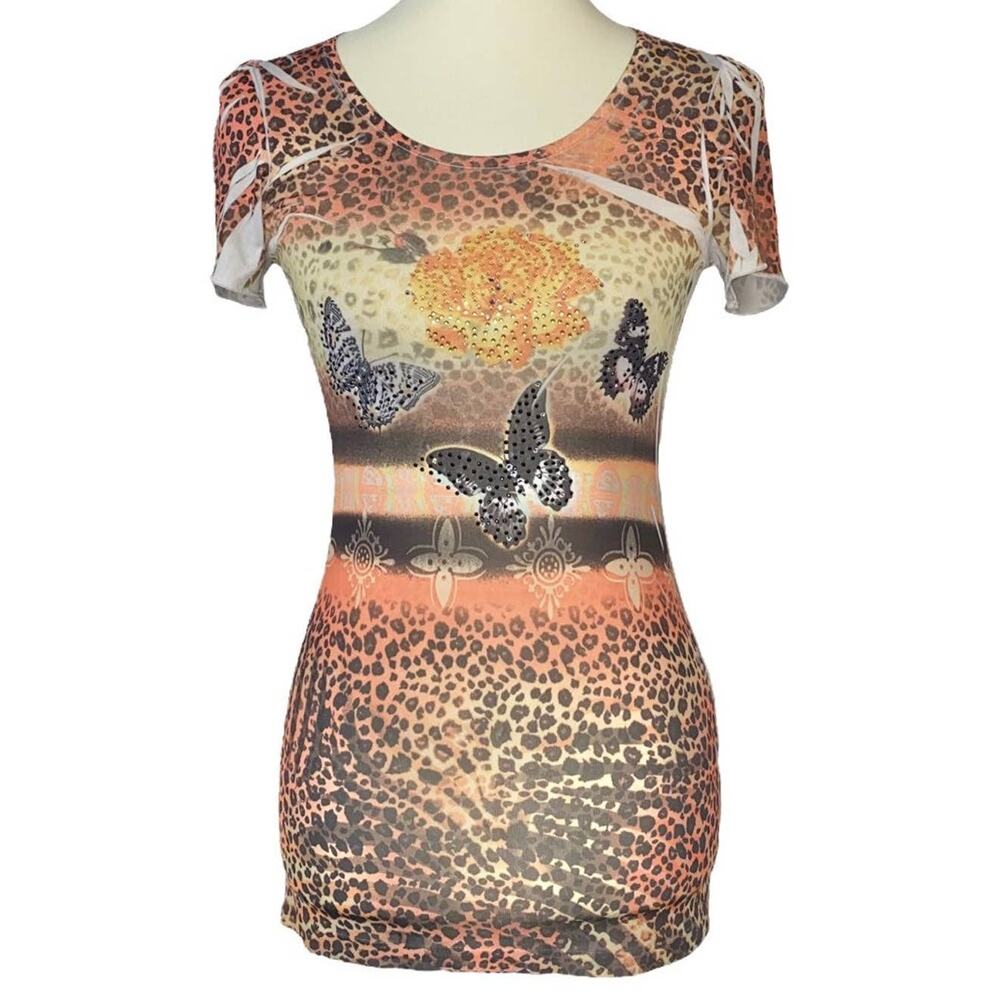 S VTG Y2k Sue Who Sublimation Embellished Studded Crochet Back Butterfly Tee - Picture 2 of 13